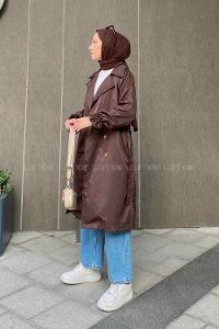 Lamelif Kol Lastikli Belden Bağlamalı Koyu Kahverengi