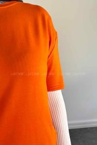 Lamelif Dikişsiz Kol Detaylı  Düz Kısa T-shirt Turuncu