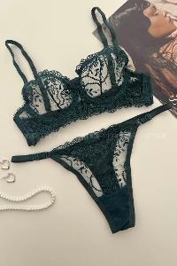 Lamelif Brode Tül Dantelli Nakışlı Takım Zümrüt Yeşili