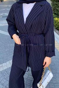Navy Blue Shirt Collar Long Arm Belted Linen Cotton Comfortable Suit
