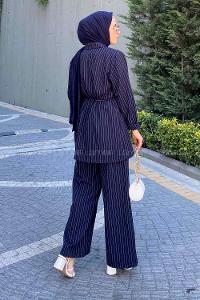 Navy Blue Shirt Collar Long Arm Belted Linen Cotton Comfortable Suit