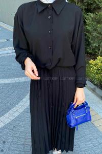 Black Shirt Collar Long Arm Linen Cotton Pleated Suit