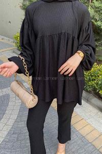 Black Crew Neck Balloon Sleeve Arm Cotton Comfortable Suit