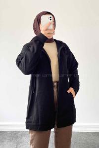 Black Zippered Neck Long Arm Cotton Cardigan