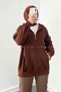 Bitter Brown Hood Neck Combed Fabric Wool Cardigan