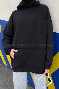 Lamelif Sharapova Kanguru Cepli Nike İki İplik Sweatshirt Siyah