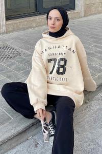 Cream Hood Neck Printed Sweatshirt
