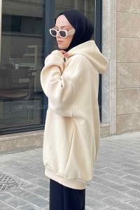 Cream Hood Neck Printed Sweatshirt