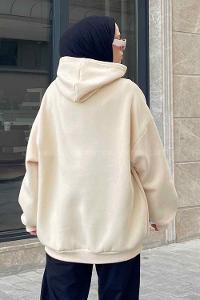 Cream Hood Neck Printed Sweatshirt