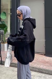 Black Hood Neck Printed Sweatshirt