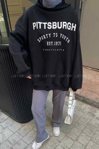 Black Hood Neck Printed Sweatshirt