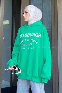 Green Hood Neck Printed Sweatshirt