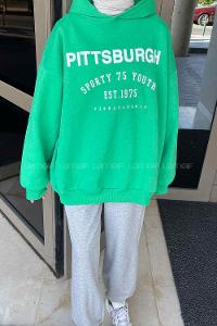 Green Hood Neck Printed Sweatshirt