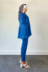 Blue Medium Crew Neck Balloon Sleeve Arm Cotton Cotton Fabric Regular Trousers Comfortable Suit