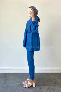 Blue Medium Crew Neck Balloon Sleeve Arm Cotton Cotton Fabric Regular Trousers Comfortable Suit