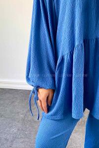 Blue Medium Crew Neck Balloon Sleeve Arm Cotton Cotton Fabric Regular Trousers Comfortable Suit