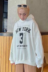 Lamelif New York Baskılı Üç İplik Sweatshirt Beyaz