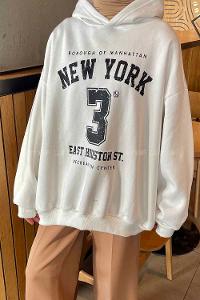 Lamelif New York Baskılı Üç İplik Sweatshirt Beyaz