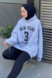 Lamelif New York Baskılı Üç İplik Sweatshirt Gri