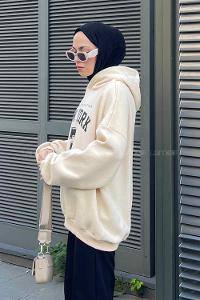 Lamelif New York Baskılı Üç İplik Sweatshirt  Krem