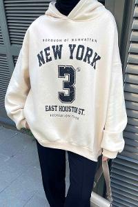 Lamelif New York Baskılı Üç İplik Sweatshirt  Krem