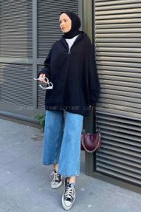 Lamelif Önü Fermuarlı Yan Yırtmaçlı Üç İplik Sweat Siyah