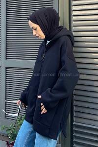 Lamelif Önü Fermuarlı Yan Yırtmaçlı Üç İplik Sweat Siyah