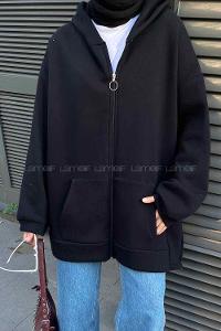 Lamelif Önü Fermuarlı Yan Yırtmaçlı Üç İplik Sweat Siyah