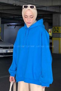 Lamelif Kapşonlu Oversize Yan Cepli Sweat Saks Mavi