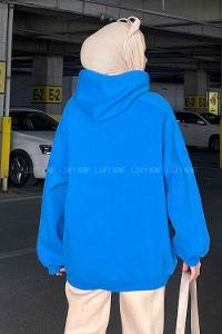Lamelif Kapşonlu Oversize Yan Cepli Sweat Saks Mavi