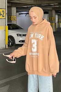 Brown With Milk Hood Neck Long Arm Printed Sweatshirt