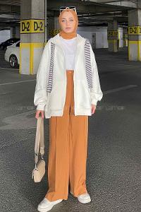 Lamelif Ön Fermuarlı Düz Sweatshirt Beyaz