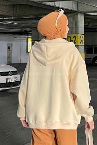 Lamelif Ön Fermuarlı Düz Sweatshirt Krem