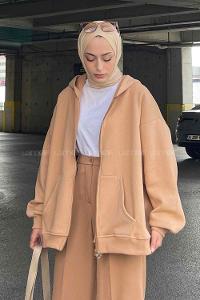 Lamelif Ön Fermuarlı Düz Sweatshirt Sütlü Kahve