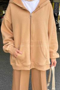 Lamelif Ön Fermuarlı Düz Sweatshirt Sütlü Kahve