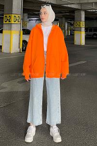 Lamelif Ön Fermuarlı Düz Sweatshirt Turuncu