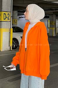 Lamelif Ön Fermuarlı Düz Sweatshirt Turuncu