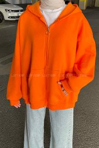 Lamelif Ön Fermuarlı Düz Sweatshirt Turuncu