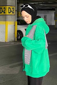 Lamelif Ön Fermuarlı Düz Sweatshirt Yeşil