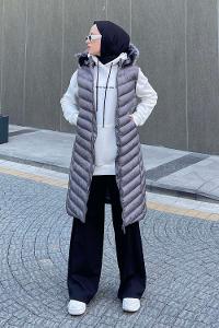 Modalamelif Önü Fermuarlı Kapüşonlu Çift Cepli Şişme Mont Yelek Gri