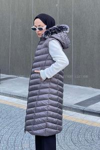 Modalamelif Önü Fermuarlı Kapüşonlu Çift Cepli Şişme Mont Yelek Gri