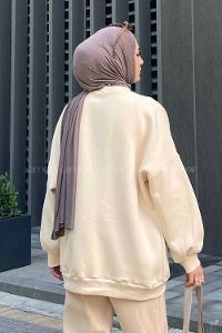 Lamelif Jasmin Bisiklet Yaka Oversize Sweat Krem