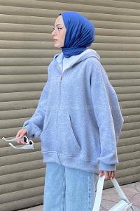 Lamelif Ön Fermuarlı Düz Sweatshirt Gri