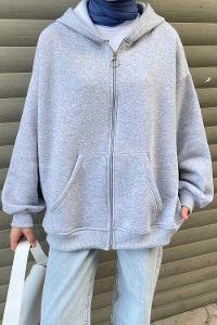 Lamelif Ön Fermuarlı Düz Sweatshirt Gri