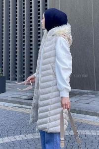 Modalamelif Önü Fermuarlı Kapüşonlu Çift Cepli Şişme Mont Yelek Taş