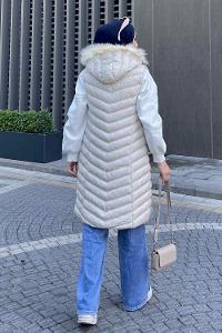 Modalamelif Önü Fermuarlı Kapüşonlu Çift Cepli Şişme Mont Yelek Taş