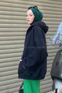 Lamelif Ön Fermuarlı Düz Sweatshirt Siyah