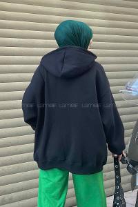Lamelif Ön Fermuarlı Düz Sweatshirt Siyah