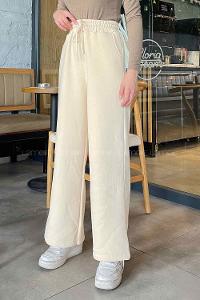 Lamelif Üç İplik Bol Paça Eşofman Altı Krem