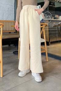 Lamelif Üç İplik Bol Paça Eşofman Altı Krem